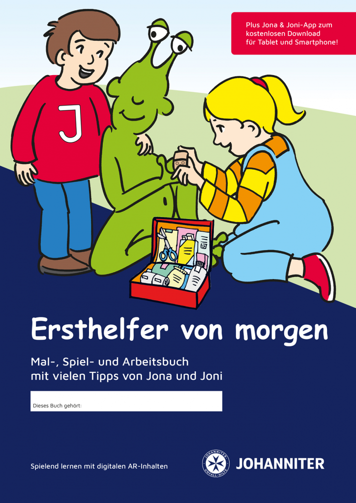 Deckblatt des Arbeitsbuchs "Ersthelfer von morgen". Darauf zu sehen sind 2 Kinder, Jona und Joni, die ein verletztes Alien versorgen.